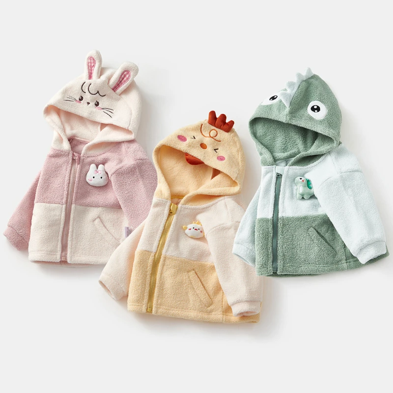 

2024 Winter Overalls for Children Baby Fleece-Lined Cute Rabbit Coat Outerwear Girls' Small Dinosaur Thickened Warm Top Clothes