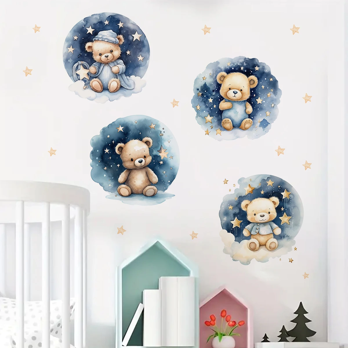 4Pcs Sleep Bear Wall Stickers for Baby Room Bedroom Kids Room Decoration Wall Art Home Decor Accessories Living Room Wall Decals