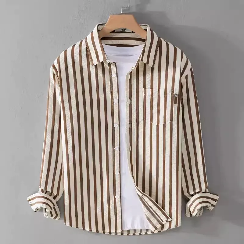 2026 New Men's Casual Striped Long Sleeve Shirt for Work Wear Resistant to Wear And Dirt Lightweight Polyester Fiber Youth Fa...