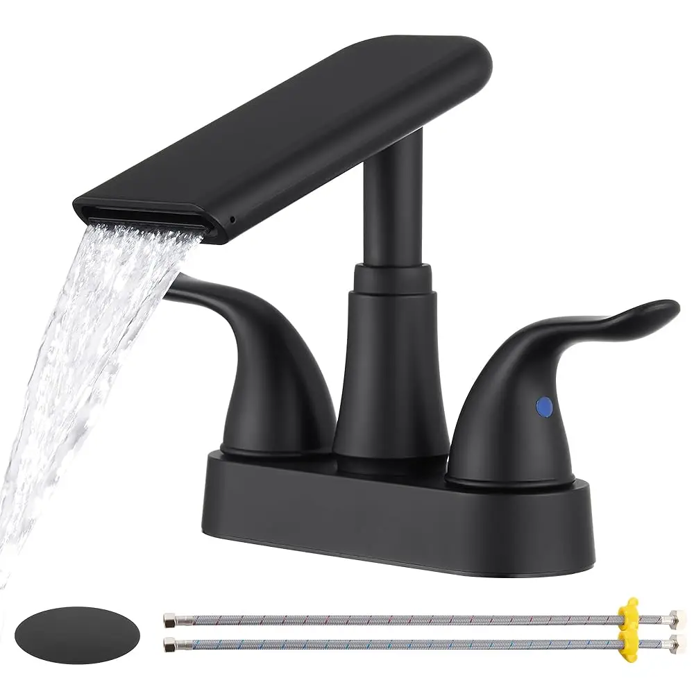 

Matte Black Bathroom Faucet 4 Inch Centerset, Waterfall Plastic Bathroom Sink Faucet with Pop Up Drain & Overflow, Dual Handl