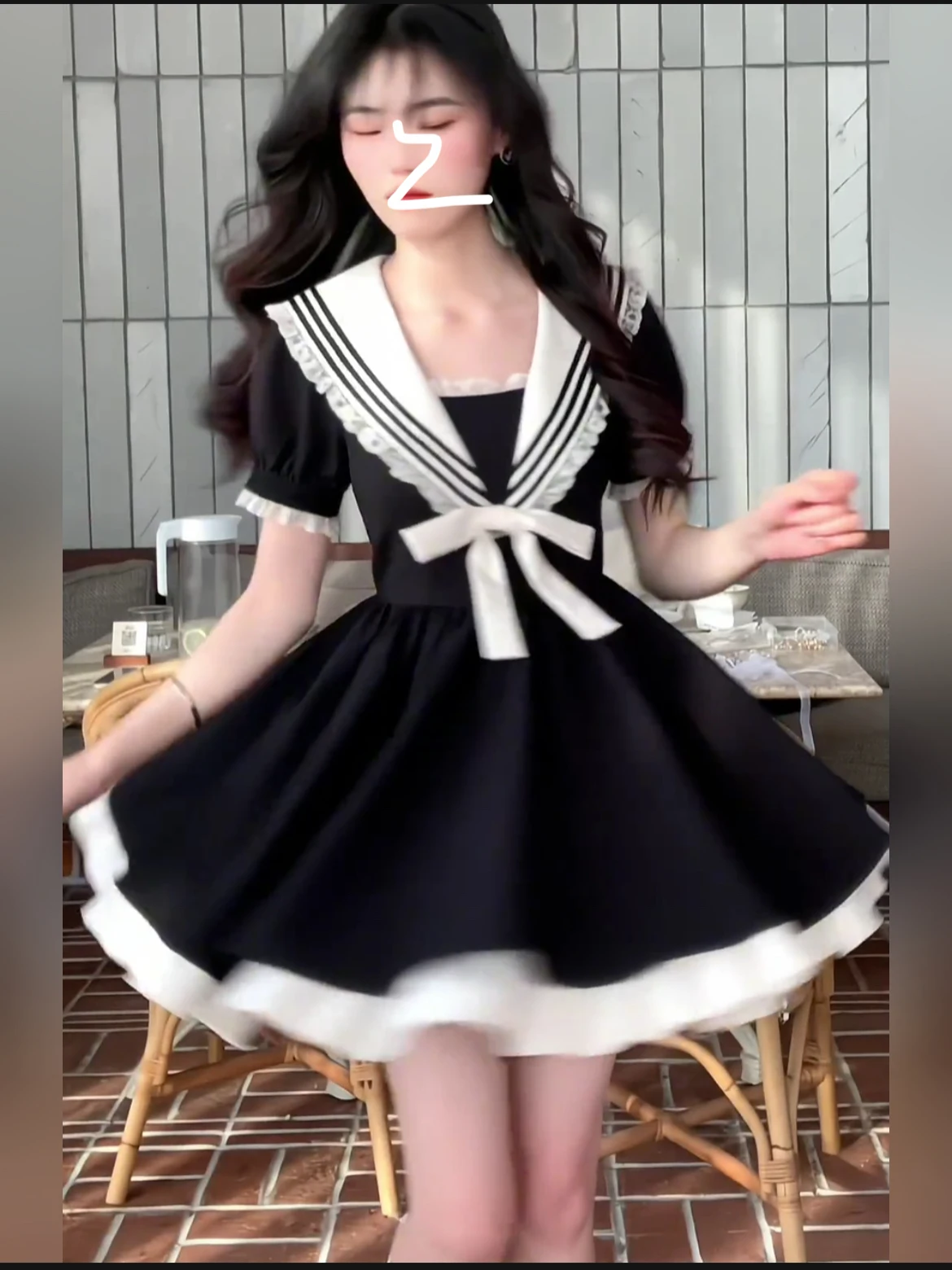 حجم كبير L-4XL كلية سوداء أنيقة البحرية طوق فستان قصير الأكمام الصيف الحلو فتاة الدانتيل عالية الخصر فساتين الحد من العمر #3