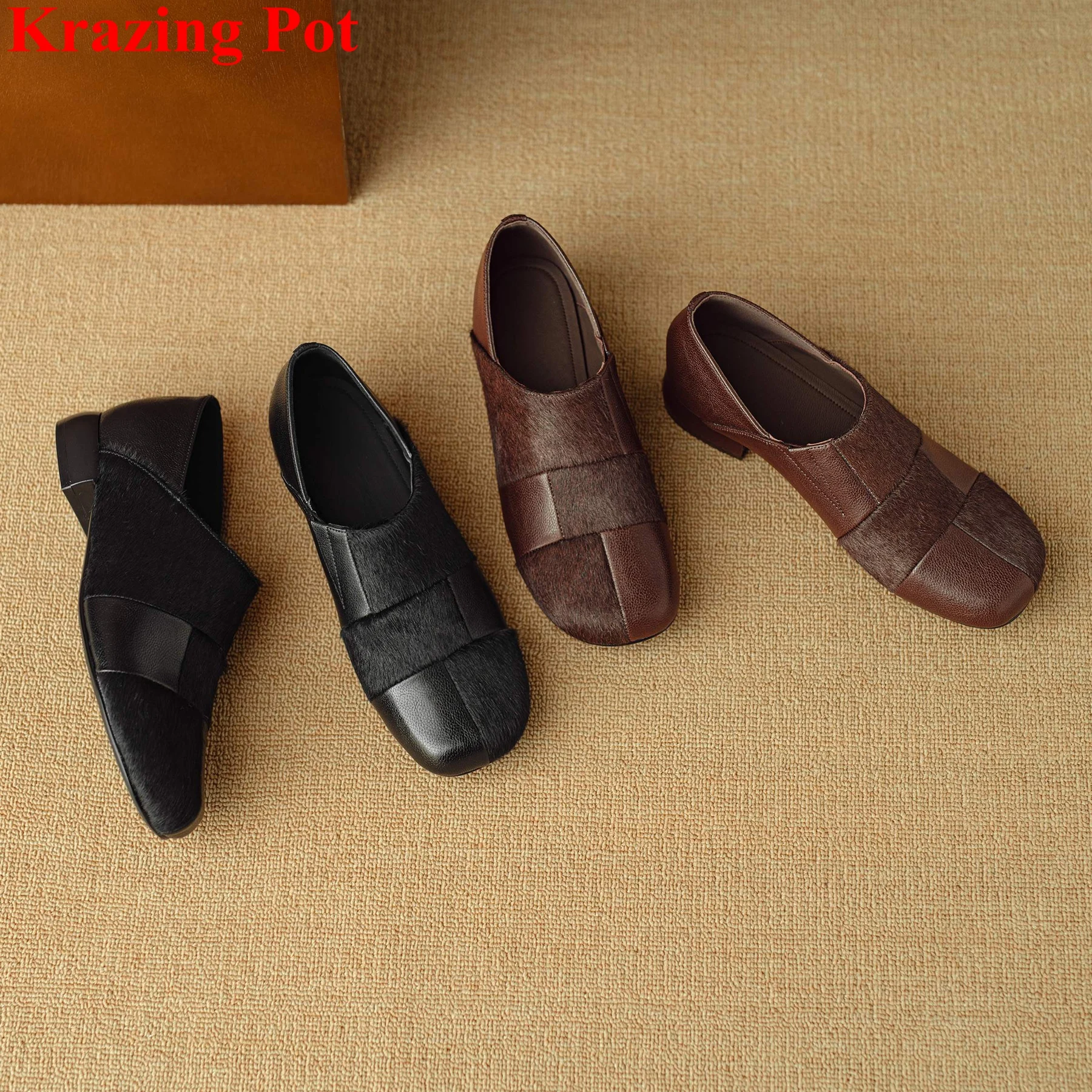 Fashion Horsehair Patwork Round Toe Low Heels Spring Autumn Shoes Retro Casual Elegant Dating Comfort Office Lady Women Pumps