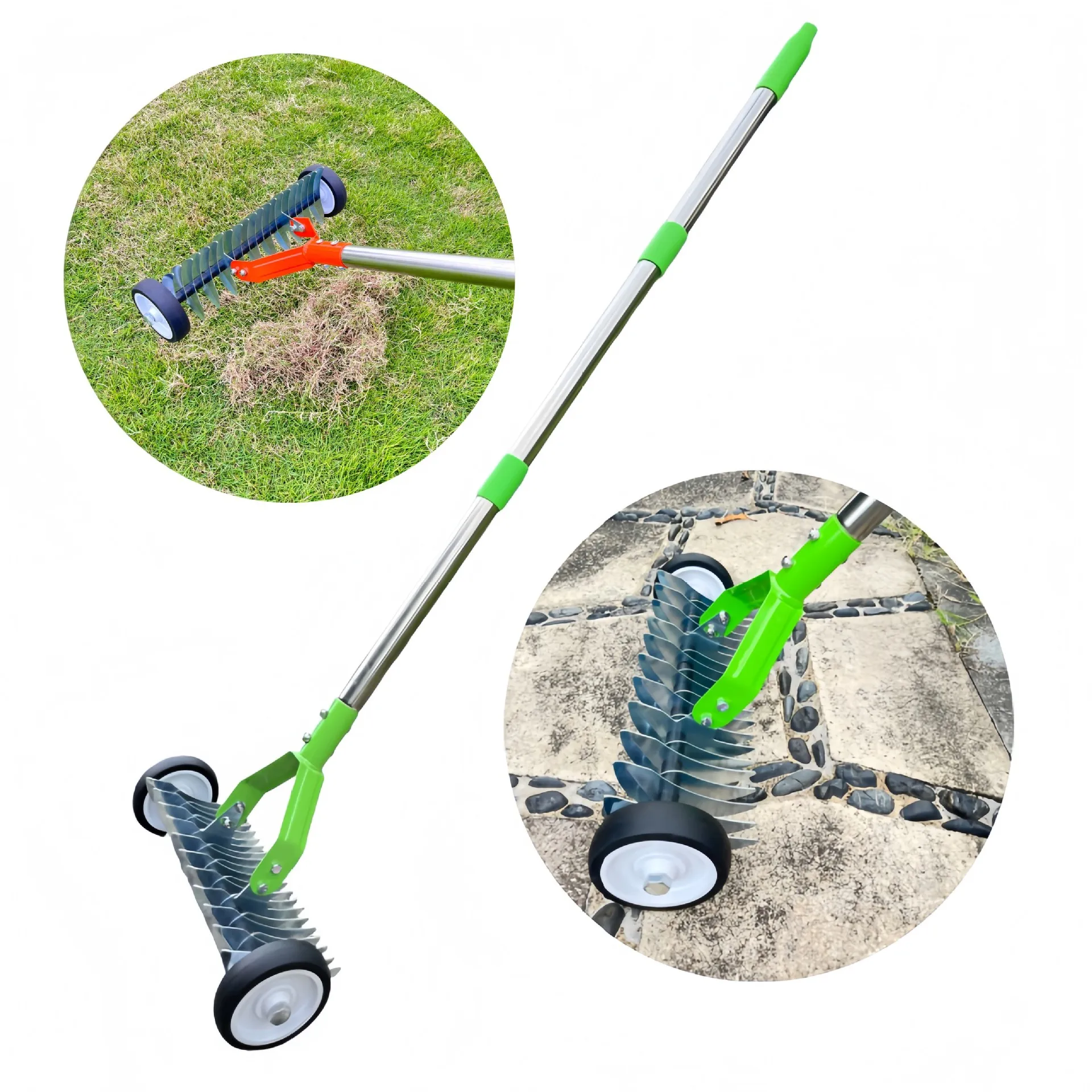 Rolling Lawn Rake with Wheels, Garden Dethatcher Leaf Rake, Grass Straw Removal Roller Rake Lawn Soil Loosening Tool