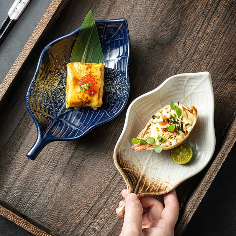 Ceramic Leaf-shaped Sushi Plate Japanese Underglaze Dessert Salad Dish Hotel Restaurant Pastry Disc Tableware