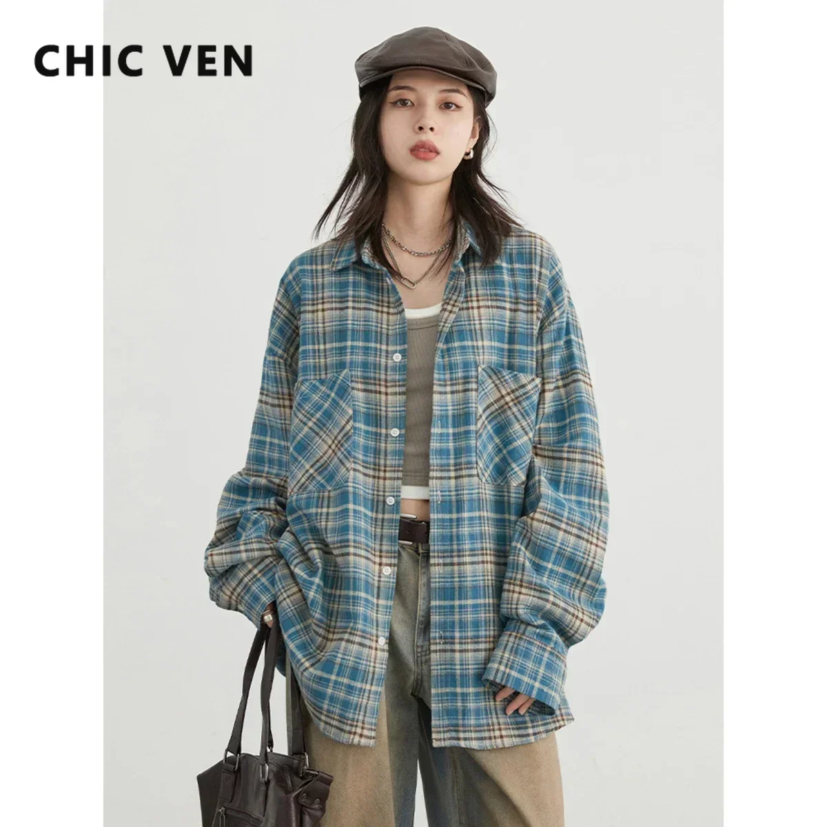 CHIC VEN Women Shirts Retro Casual Turndown Collar Plaid Cotton Tops Fashion Loose Female Blouses Streetwear Spring Autumn 2024