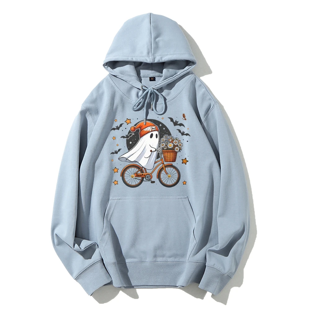 Cute Ghost On Bike Hoodie Boho Halloween Sweatshirt Spooky Season Ghost Bicycle Floral Flower Pullovers Autumn Halloween Shirt