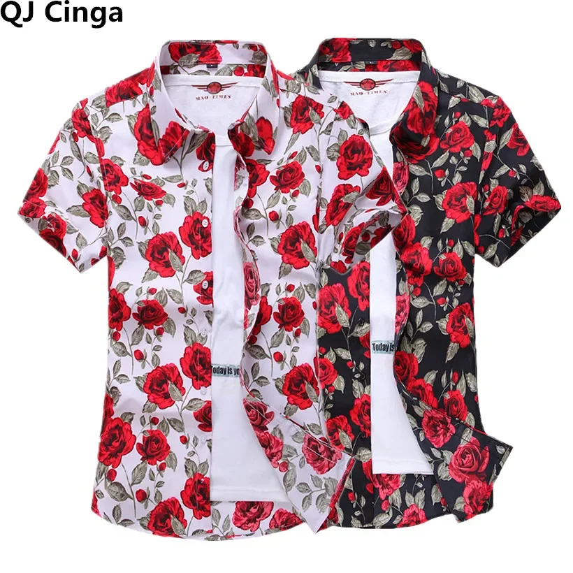 Summer White Printed Short Sleeved Shirt for Men Hawaii Rose Flower Shirts Hawaiian Vacation Camisa Chemise Big Size S-7xl