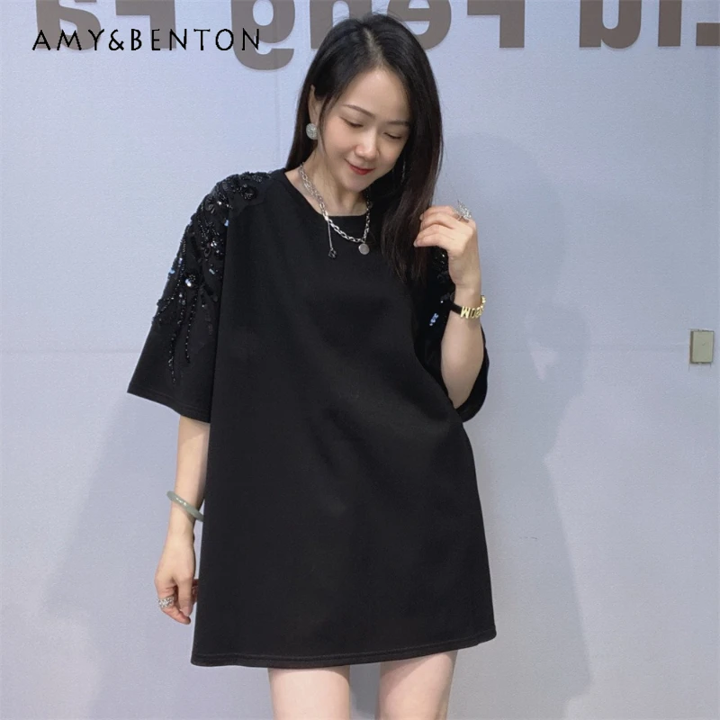

American Retro Shoulder Heavy Industry Embroidery Loose Short-sleeved T-shirt Top Women's Summer New Medium And Long Tshirt Tees