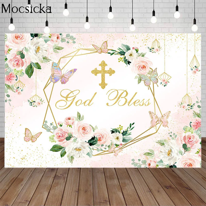 Cross Newborn Baptism Photography Backdrop Girl Christening Baby Shower Background Photo Studio Photocall Pink Flowers Butterfly