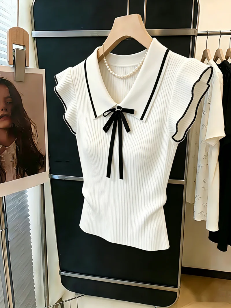 

Korean Style Neck Knitwear Women's Slim Fit Summer Shirt Color Block Slimming Small Flying Sleeve Pure Desire Style