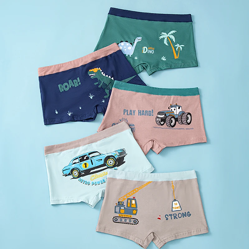 Slip Boxer da bambino da 5 pezzi, biancheria intima traspirante con motivo dinosauro/auto dei cartoni animati, comode mutande per bambini