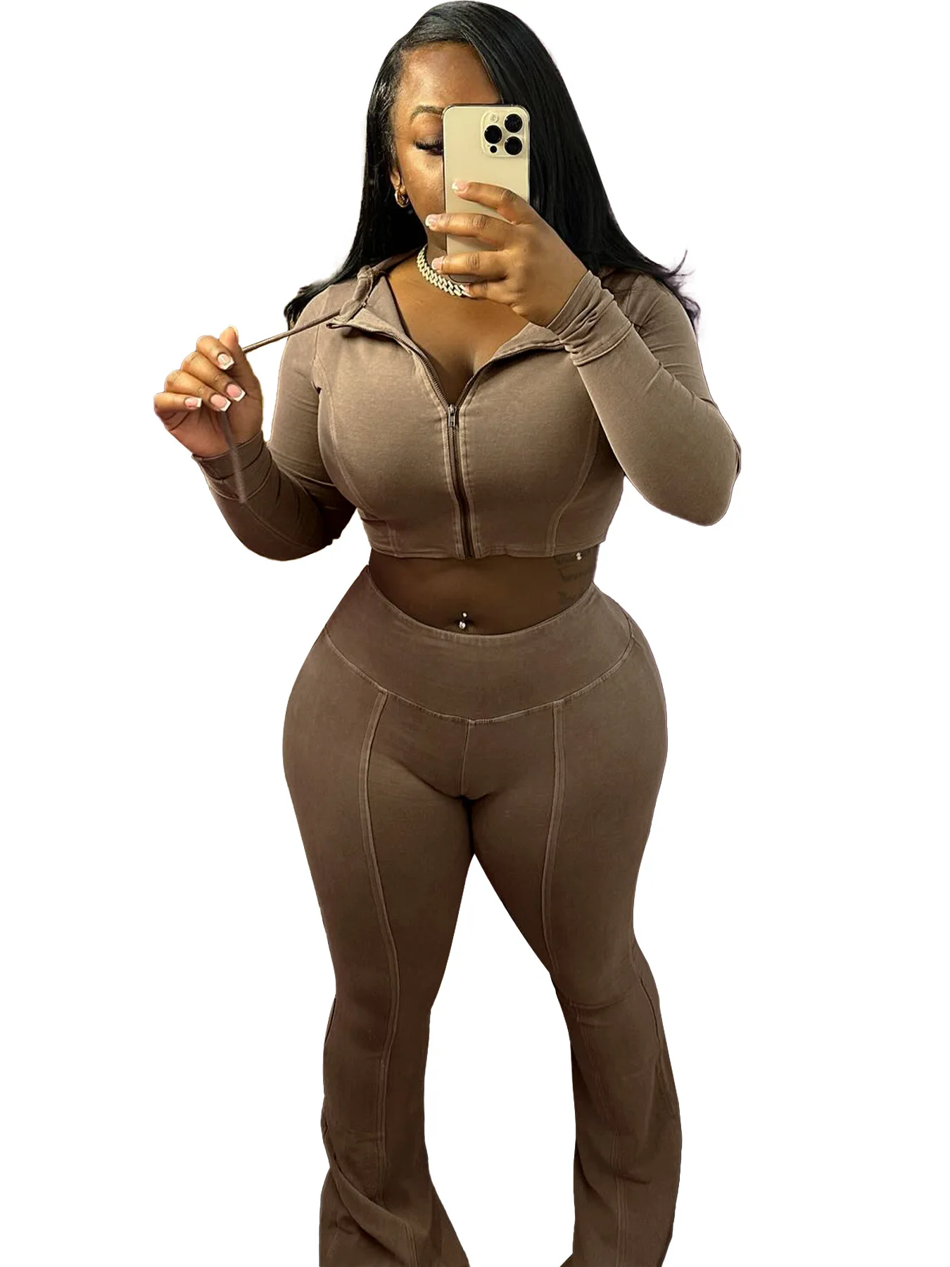 

2025 American European New Fashion Women's Washed Slim Solid 2 Piece Sets Zipper Long Sleeve Tops Flare Trousers Female Clothes