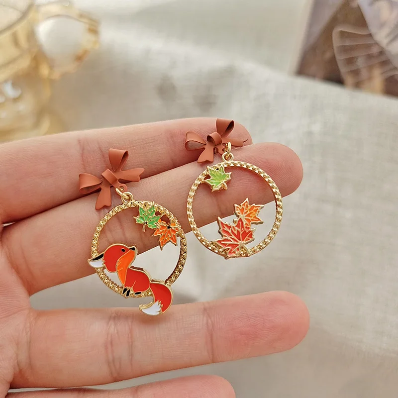 Lovely Sleeping Cat Moon Dangle Earrings For Women Girls Cute Asymmetric Animal Rabbit Fox Kitten Earring Fashion Jewelry Gifts