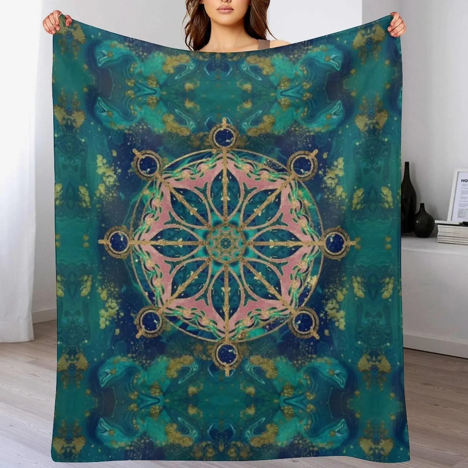 New Dharma Wheel - Dharmachakra Gemstone & Gold Throw Blanket Giant Sofa Quilt Blankets