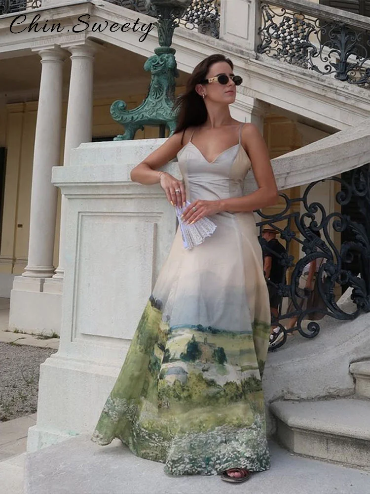 เซ็กซี่Tie Dyeชุดสลิงยาวผู้หญิงพิมพ์VคอBackless Maxiชุดหญิง 2025 ฤดูร้อนLady Beach Robes