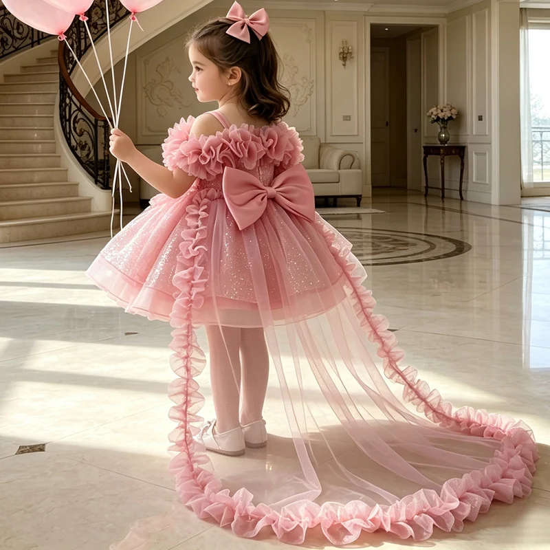 Girls Trailing Flower Dress Ruffle Sleeve Spot Sequins Dresses For Chirldren Birthday Party Christma Halloween Costume