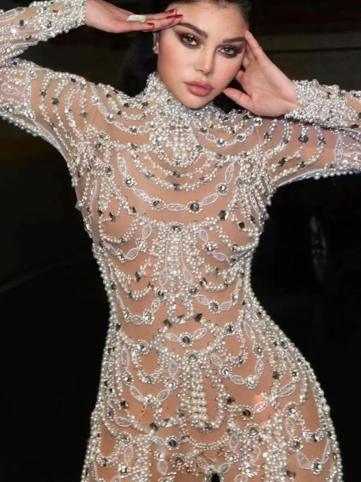 

Sexy Skin-Colored One-Piece Long Pants Tight Fitting Club Sle Slimming See-Tough Sequin Women's High Waist Long Skirts