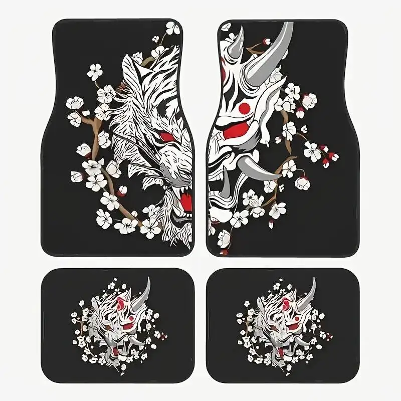 

4pcs Premium Non-Slip Car Floor Mats With Bold Tiger & Floral Print - Durable Polyester, Easy-Clean All-Weather Floor Mats For S