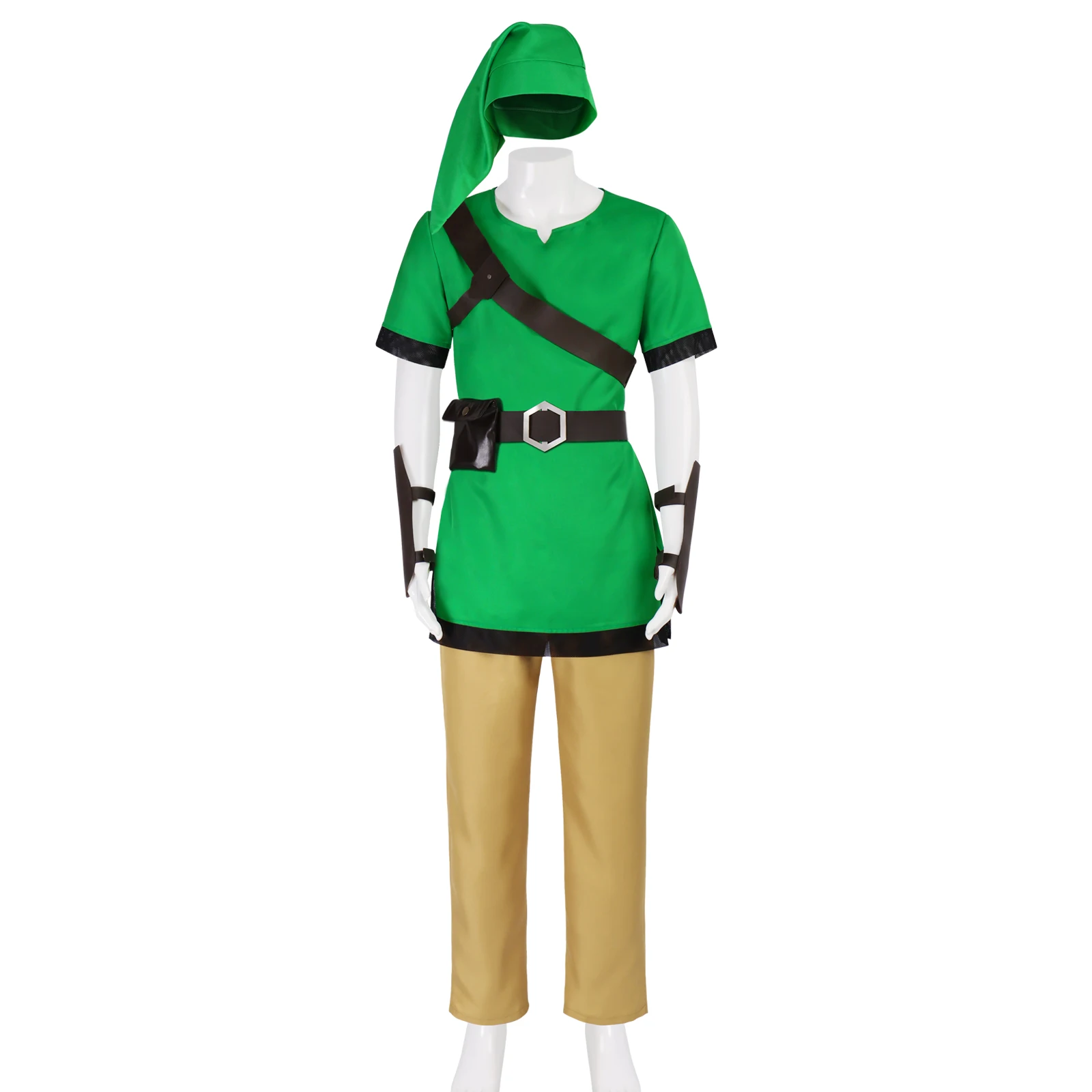 クラシックリンクコスプレ衣装セット ゼルダの伝説 グリーンチュニック ブラウンパンツ ベルト ハット ハロウィン アニメイベント パーティーコスプレ