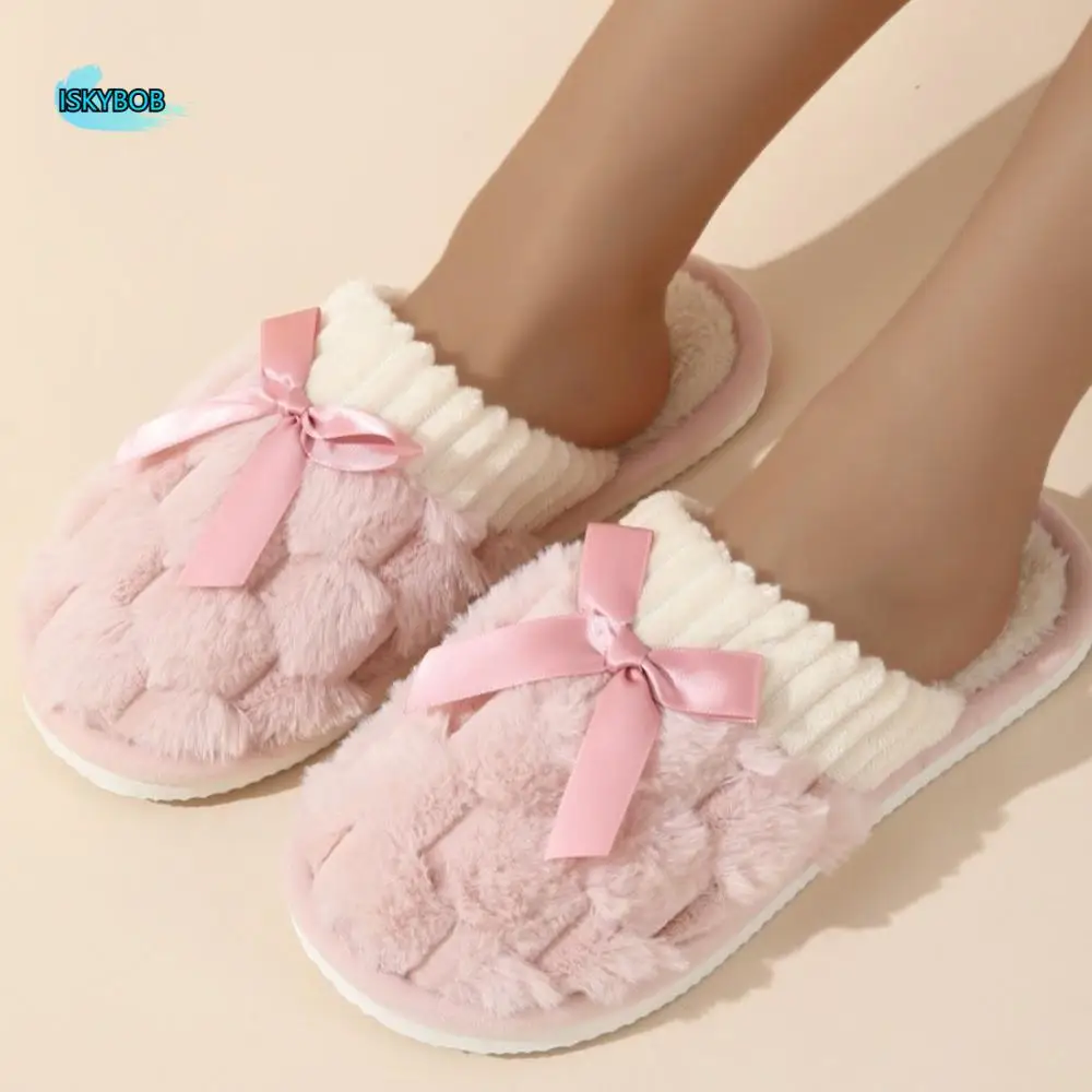 

Comfort Plush Warm Fur Slippers Flat Heel Student Winter Warm Slippers Anti Slip Bedroom Fluffy Bow Slippers Girls