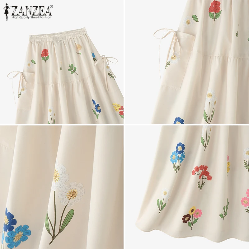 ZANZEA Modne Spódnice Maxi Damskie 2025 Jesienne Długie Spódnice z Kwiatowym Nadrukiem, Elastyczna Talia, Luźne Spódnice na Wakacje, Jupes Faldas Saia