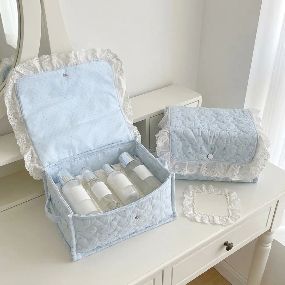 Rectangular Little Blue Star Storage Basket Button Closure Lace Edge Fabric Storage Basket Large Capacity Soft