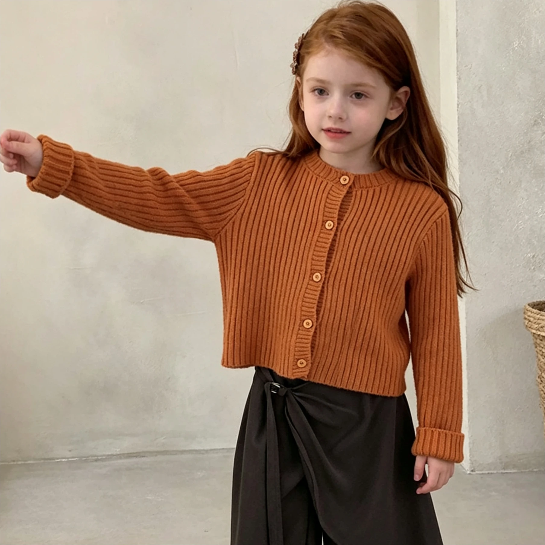 Korean Childrens Wear Girls Autumn Set 2026 Fall New Baby Girl Orange Knit Cardigan Diaper Cover Wide Leg Pants