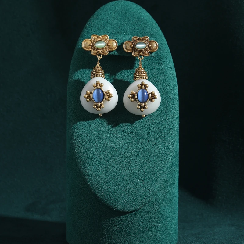 Retro Blauer Stein Antiker Schmuck Goldfarbe Bienen Transparentes Glas Wassertropfen Baumeln Ohrring Vintage für Damen Accessoires 2025