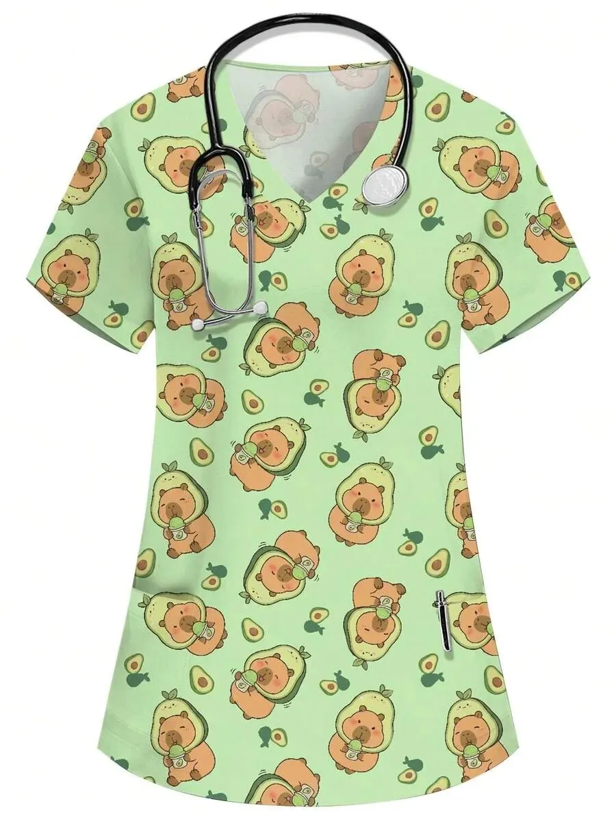Women's Halloween Cartoon Print V-Neck Short-Sleeve Frosted Top 2026 Holiday Party Nurse Uniform Women's T-Shirt