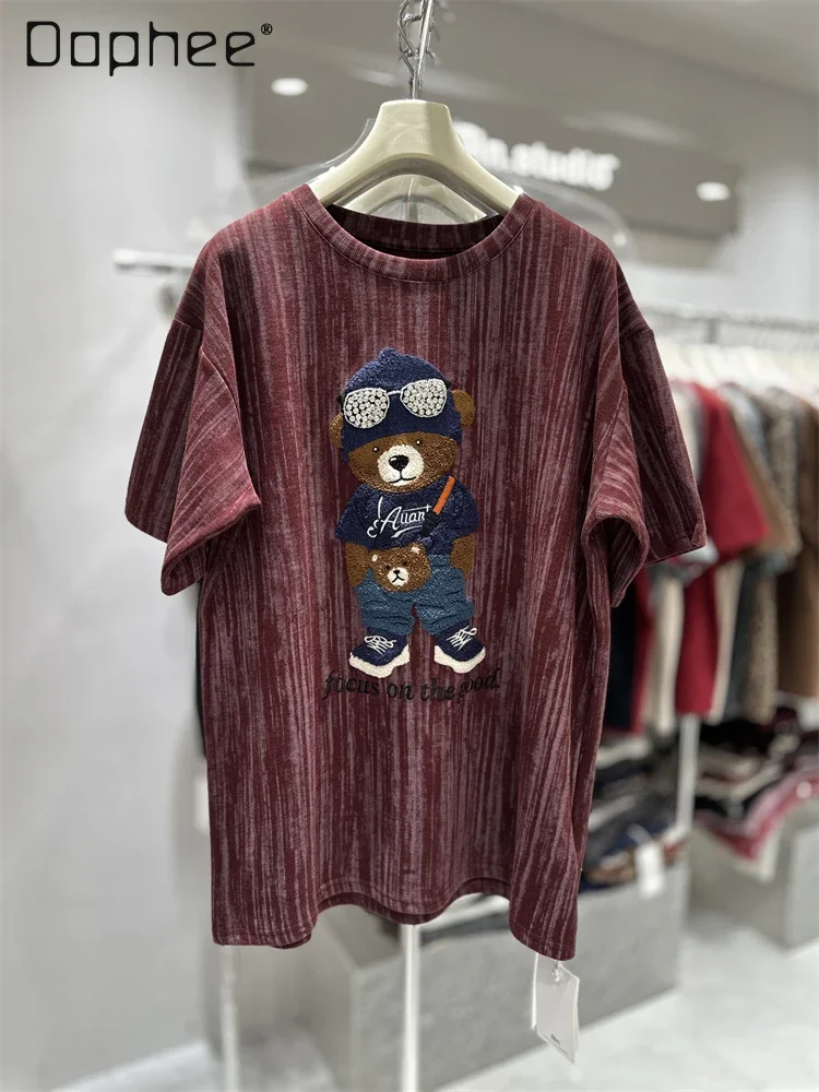 

Heavy Industry Embroidery Bear Half Sleeve Top 2024 Fall Winter Thickened Loose Long Short Sleeve T-Shirt Women's Tide Tops