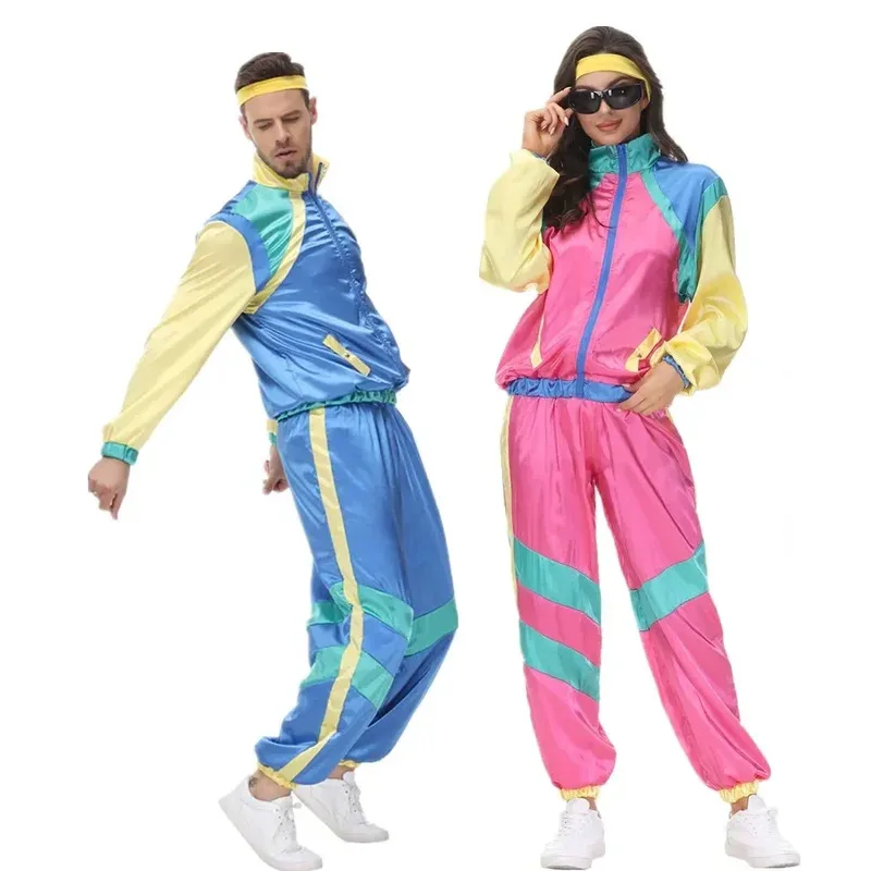 

Men Women Vintage 80s Hip Hop Disco Cosplay Hippie Costume Halloween Purim Carnival Party Couples Tracksuit Outfit