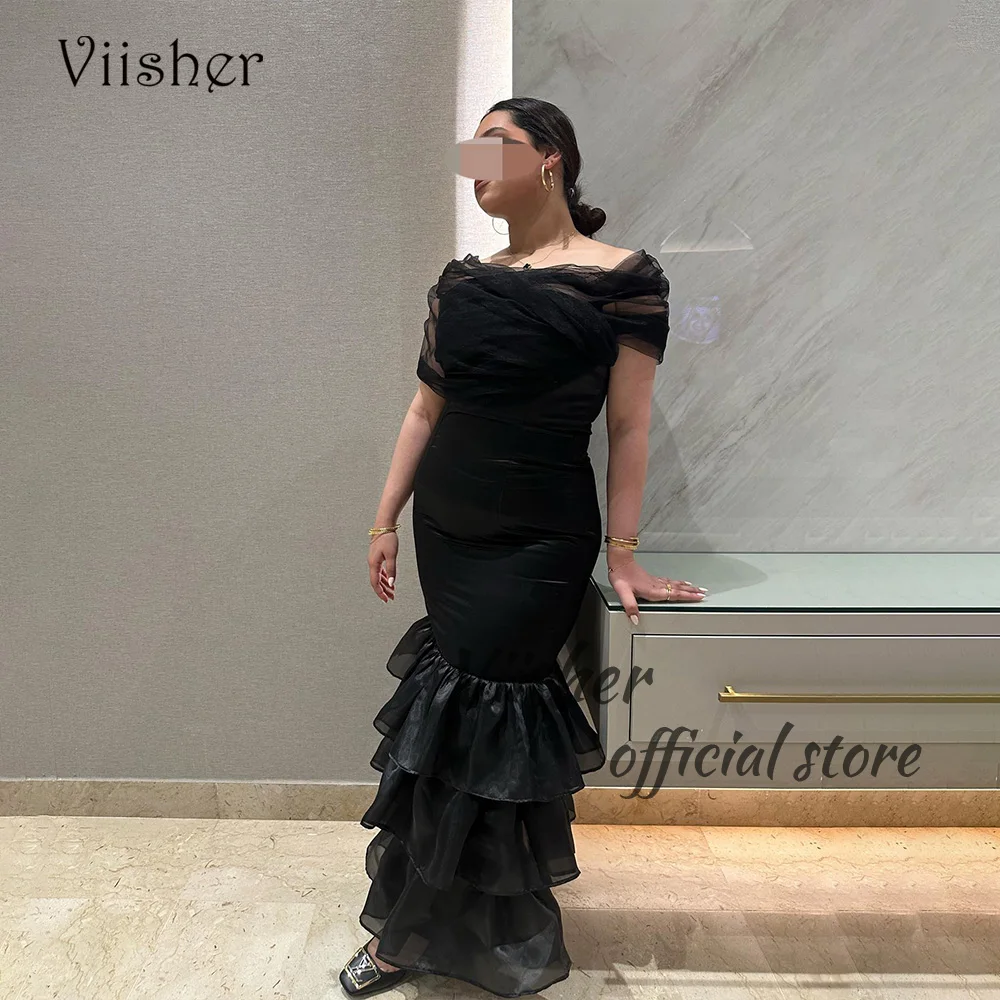 

Viisher Black Mermaid Evening Dresses Off Shoulder Tiered Organza Long Formal Prom Dress Floor Length Dubai Party Gown