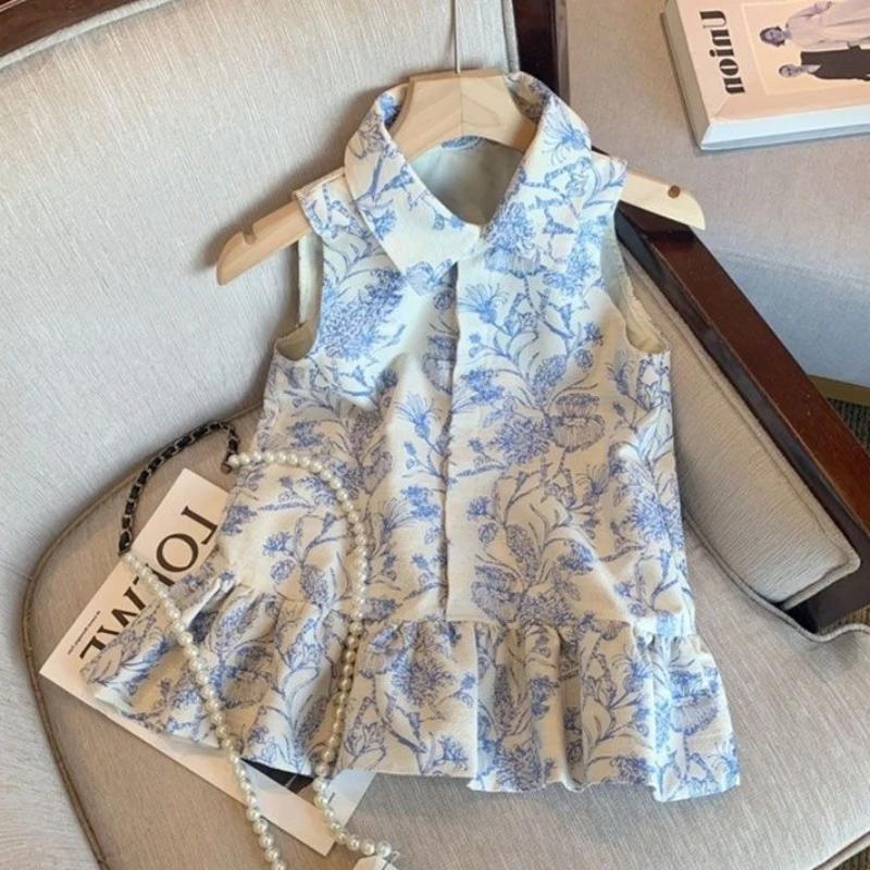 New Printed Collar Sleeveless Top Dress for Girls' Summer High-end Temperament Off Shoulder Shirt Top