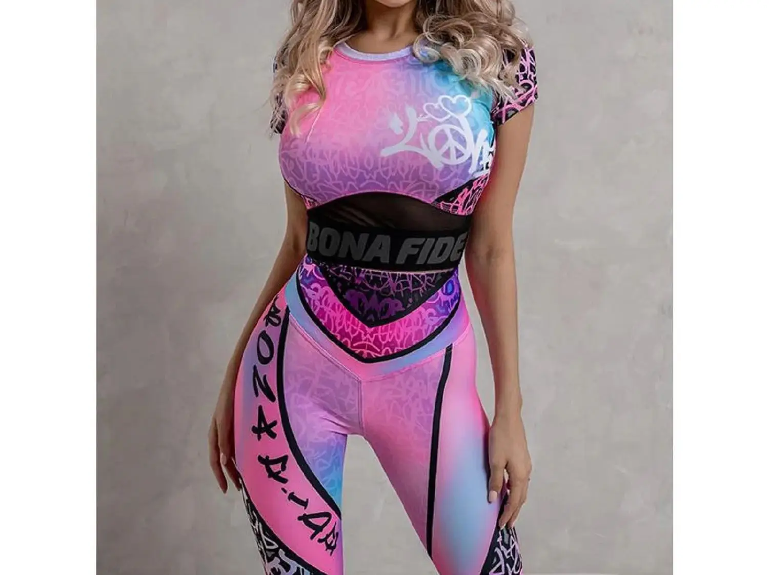 Spice New Sexy Tight Fashion Print High Waist Short Sleeve Casual Yoga Suit