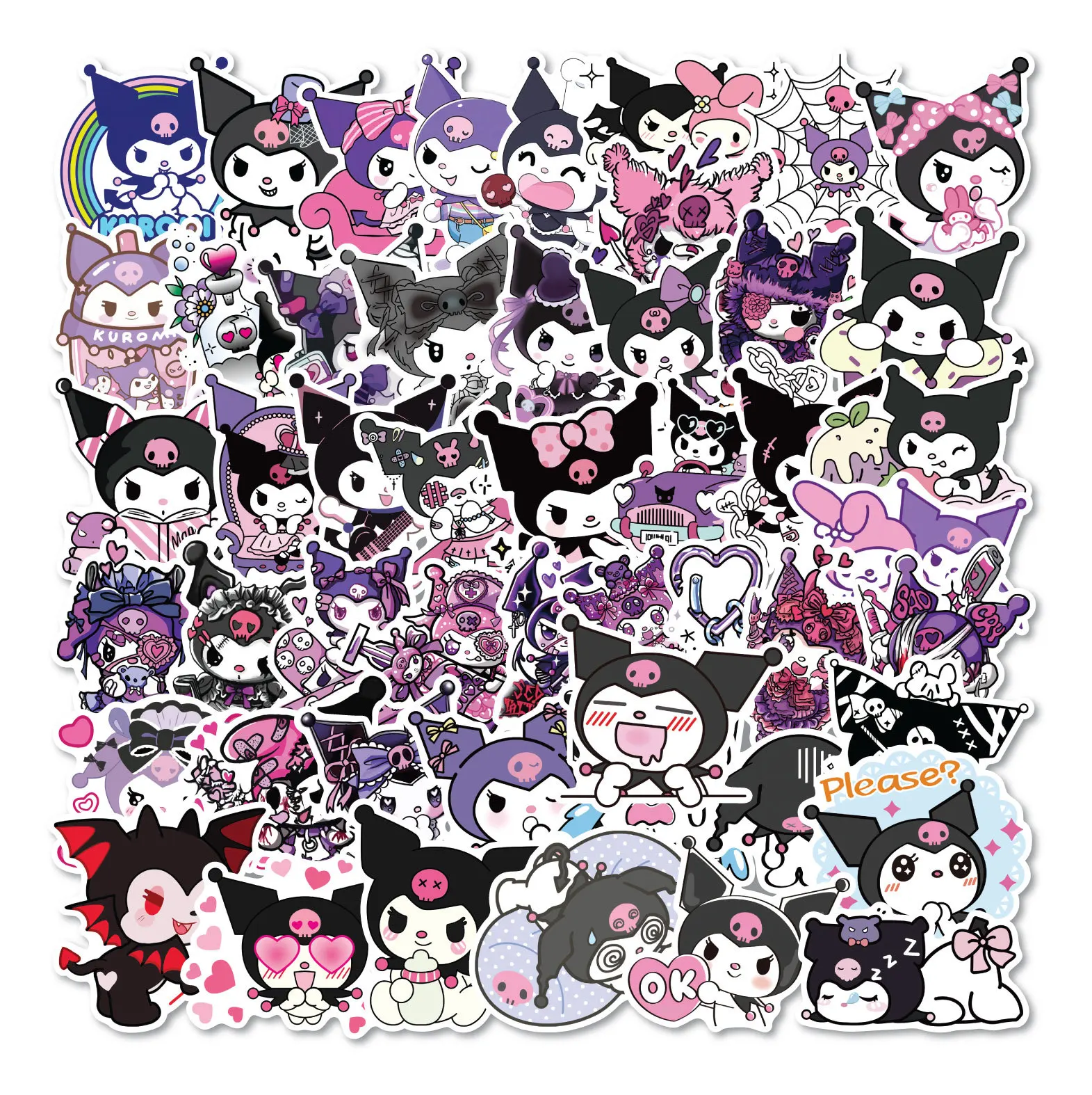 50pcs Kuromi Sticker Pack Waterproof Phone Case Cute Laptop Skin Kawaii Packaging DIY Journaling Stationery Aesthetic Stickers