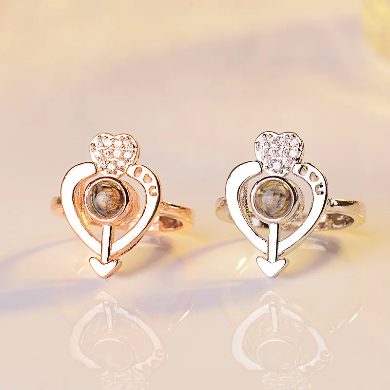 S925 silver heart memory ring female 100 languages I love you love projection couple Internet celebrity same style adjustable