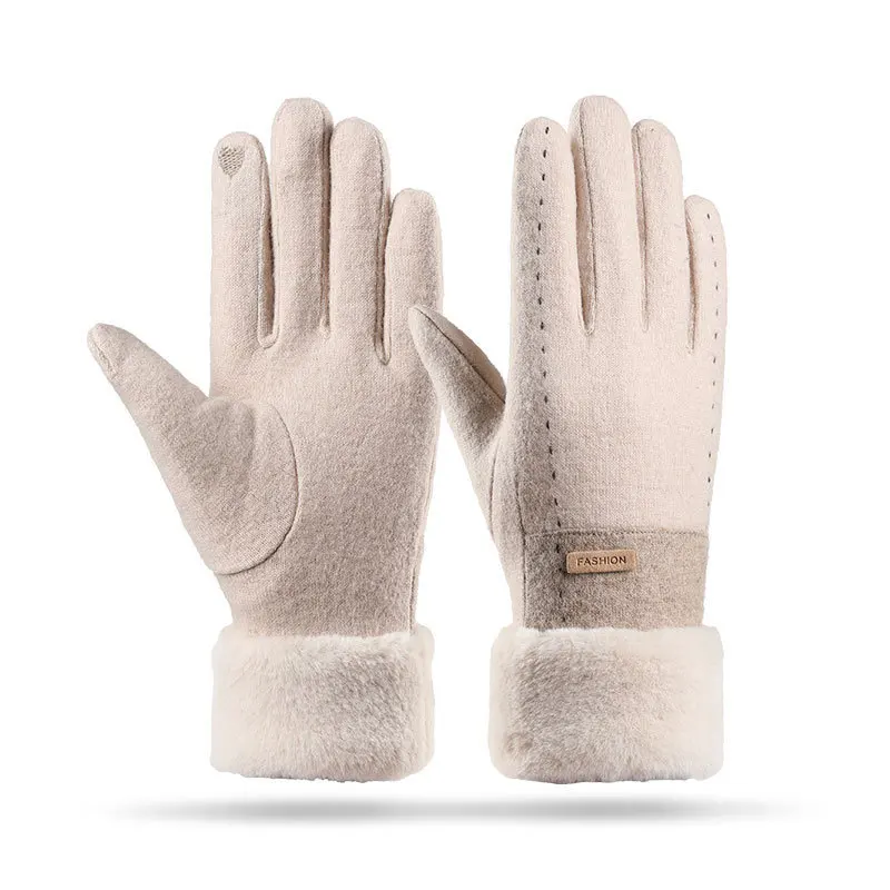 Gants en laine coupe-vent à écran tactile pour femmes, gants de conduite chauds, double optique, peluche, doigt complet, mode féminine, automne,