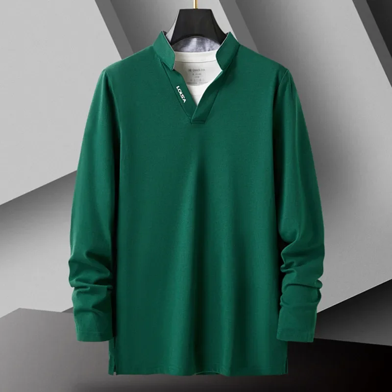 

POLO Shirt Men Spring Cotton TShirt Men's Solid Color Tshirts Mandarin Collar Long Sleeve Top Mens Brand Slim Fit Tee Shirts