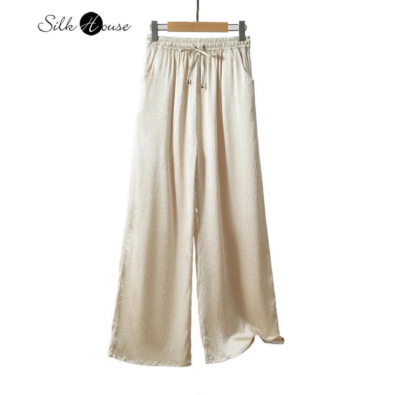 

2025 Women's Fashion Summer New 93% Natural Mulberry Silk Elastic Pearl Satin Elastic Waist Champagne Straight Leg Pants