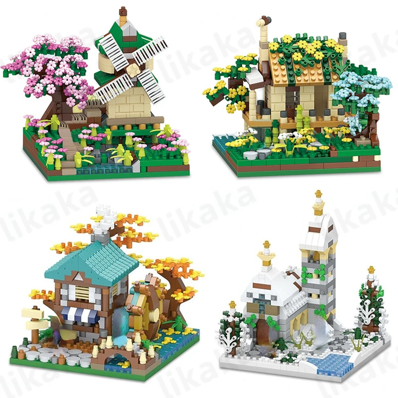 Sakura Windmill House Building Blocks Diamond Bricks Fishman Hut Street View Model Toys Micro Blocks Toys for Boys Girls Gifts