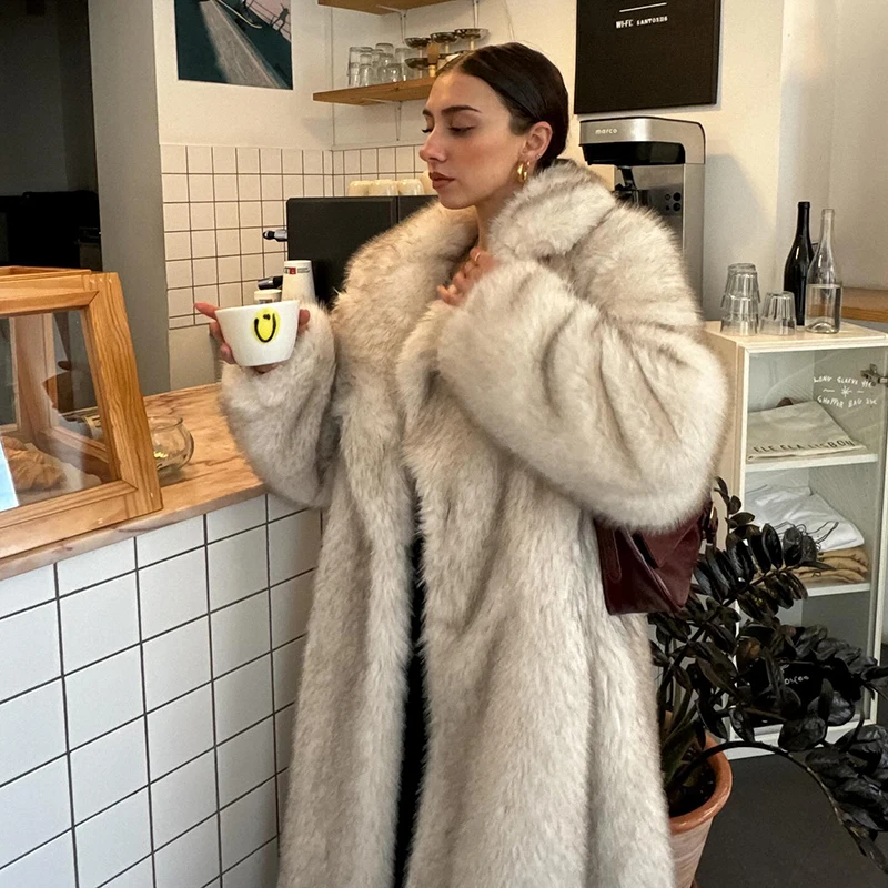 Neo Mint Slouchy Chic Gradient Long Eco Faux Fur Coat Women Winter Thick Warm Fluffy Fox Fur Jacket Brand Fashion Girls Overcoat