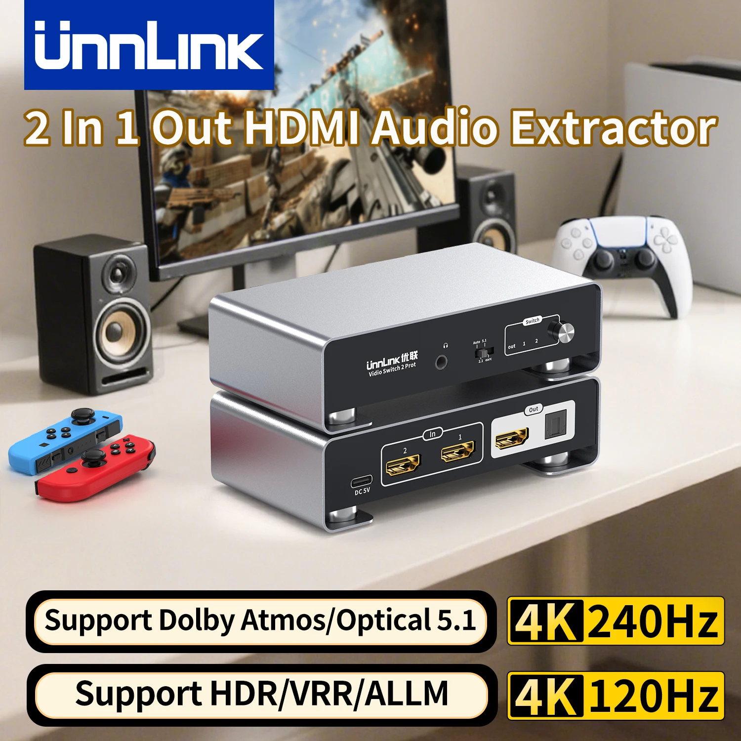

Unnlink 4K 240Hz HDMI Audio Extractor 2 In 1 Out, HDMI+5.1 Optical+3.5mm Out for PS5 TV Box PC to Monitor Amplifier Headphone