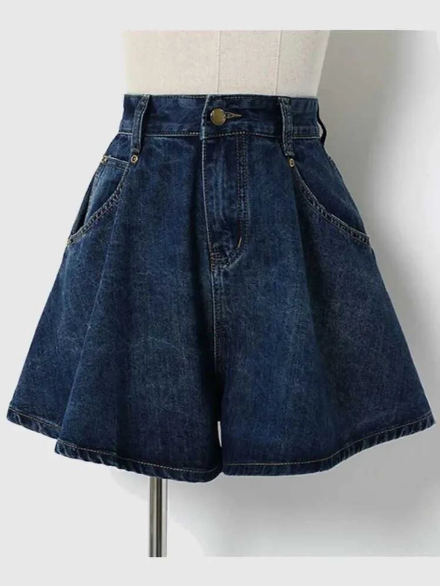 orts Retro de Cintura Alta em Denim Escuro para Mulheres, Tamanho Plus, Estilo A-Line, Confortáveis e Largos