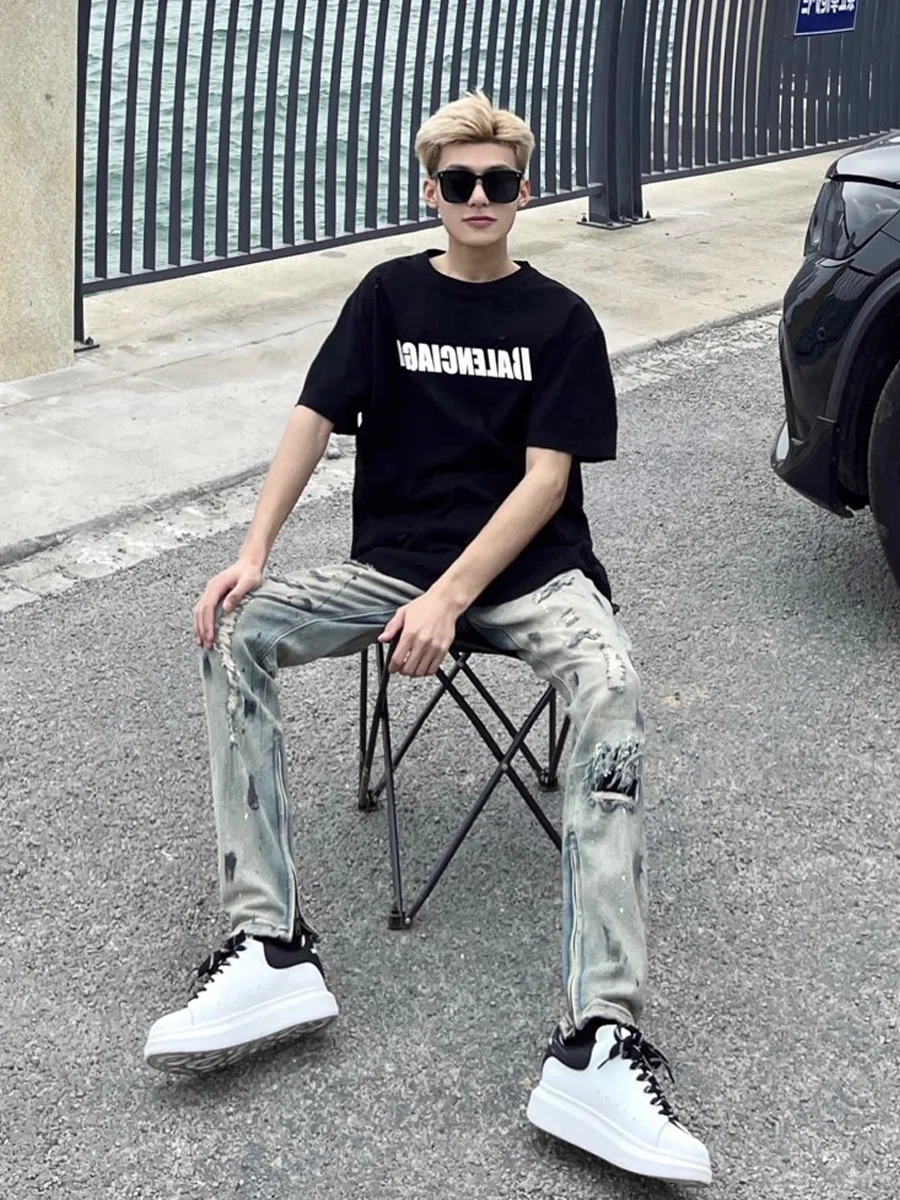 

Retro American Sle Men's Jeans with Hole Wearing Design Straight Leg Casual Long Trousers Youth Faion Wear All Seasons