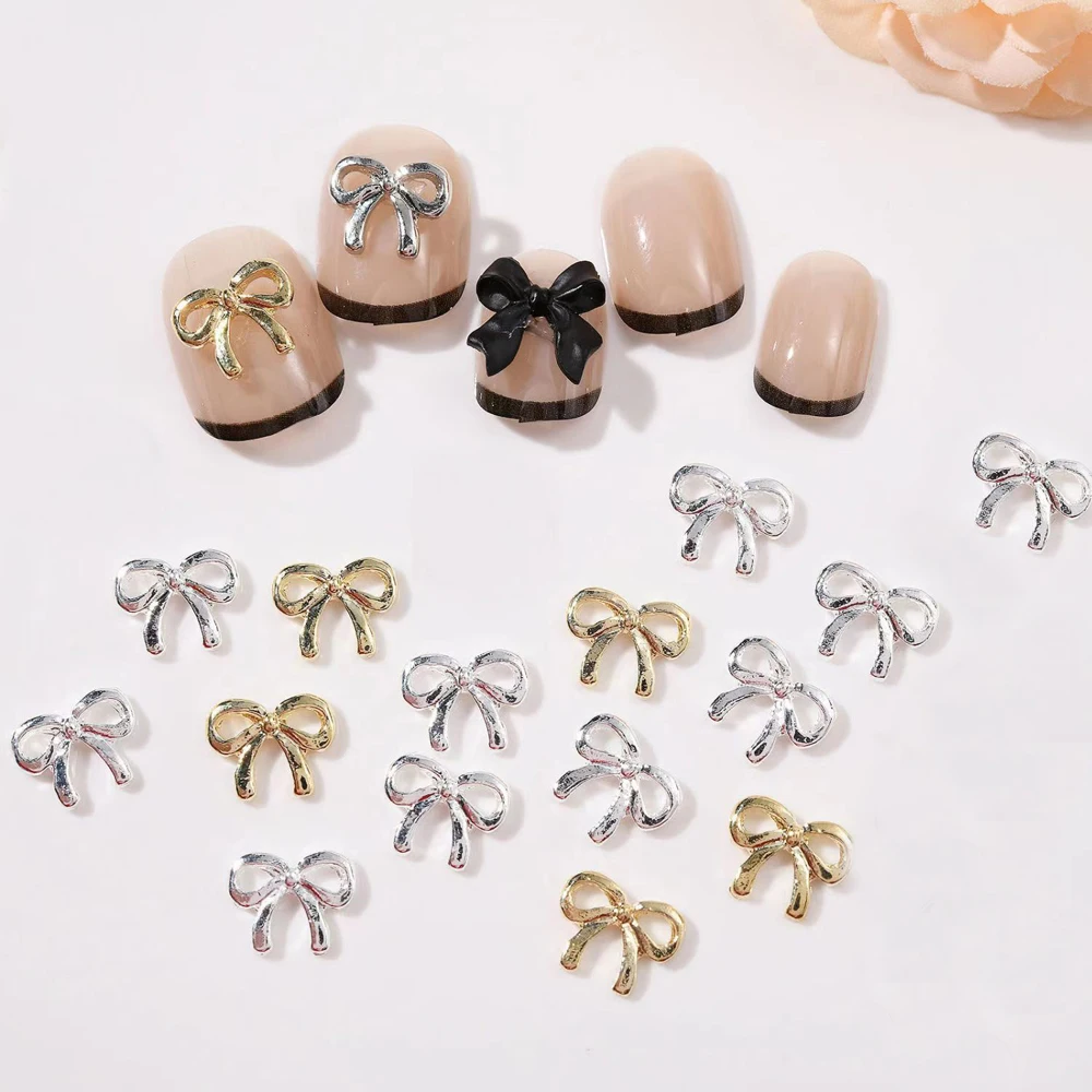 20Pcs Metal Silver Gold Butterfly Bow Nail Art Decorations 3D Simple Design Ribbon Bow Tie Nail Ornament DIY Nail Accessories