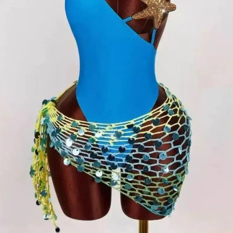 M5TC See Through Crochet Beach Shawl Hollow Knitted Sequins Belly Dance Hip Scarf