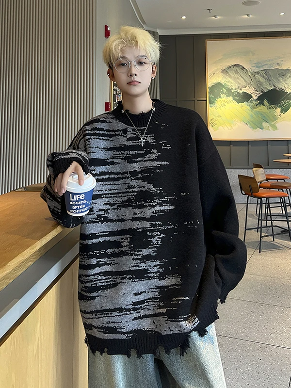 

Мужской модный вязаный свитер Laid-ba adient с круглым вырезом в американском стиле, плотный, дизайнерский, повседневный.