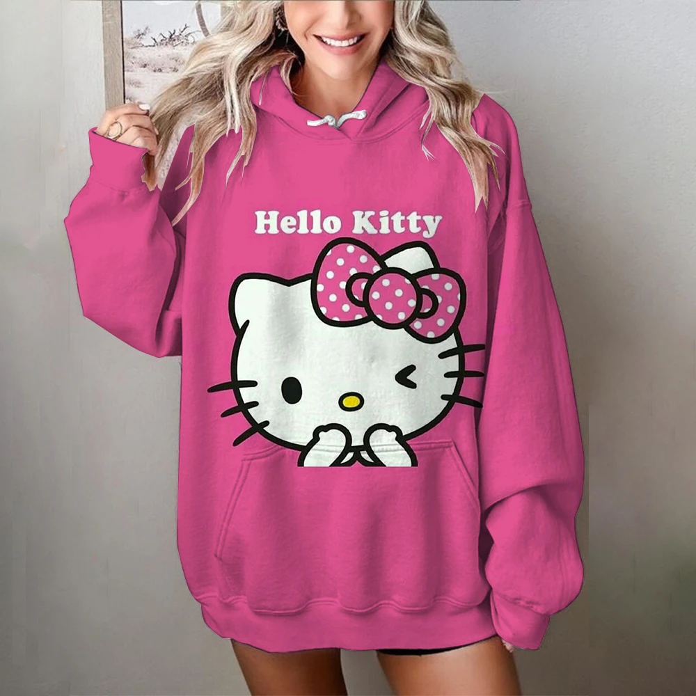 Autumn Winter Hello Kitty print Hoodies Women Harajuku Cartoon Print Sweatshirts Wild Pockets Hooded Pullovers