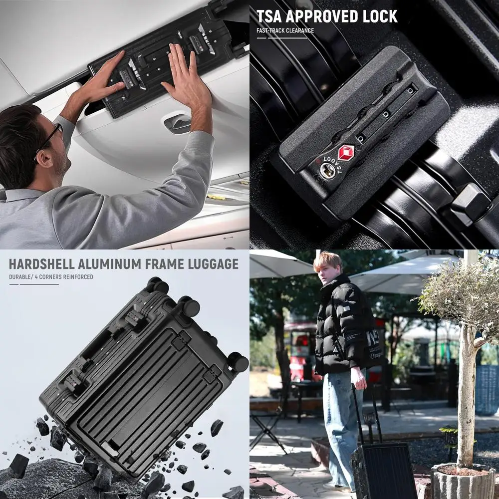 

20 TSA-Approved Aluminum Frame Zipperless Carry-On Suitcase with Spinner Wheels for Short Trips, ABS+PC Shell, Black