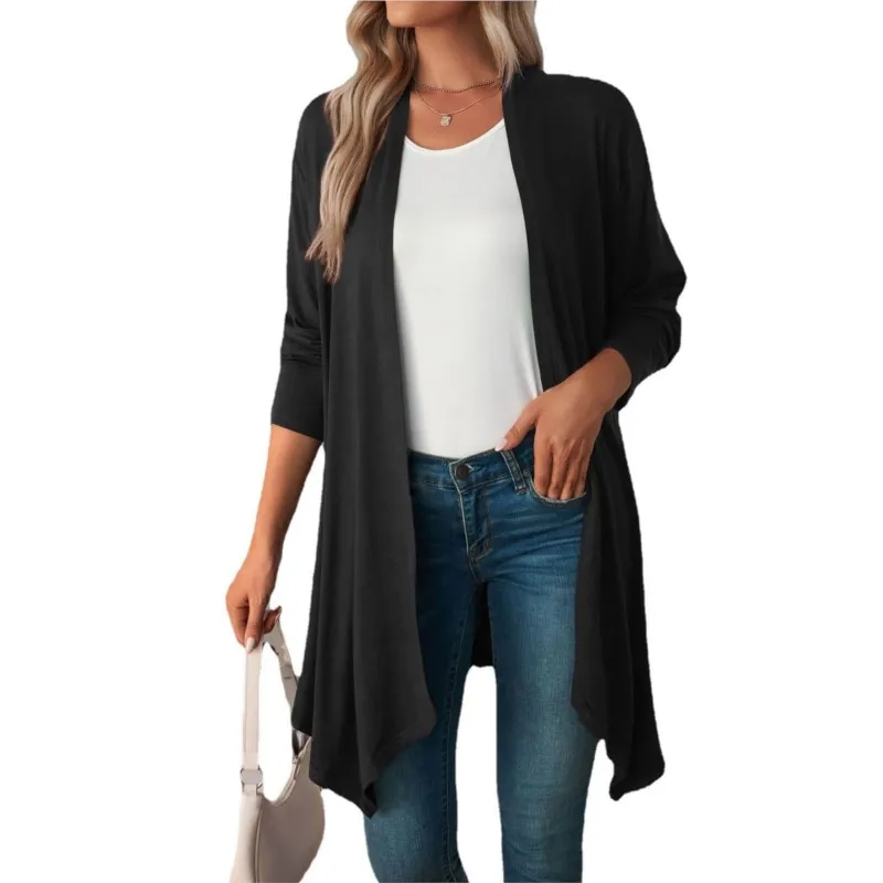 

Women's Clothing 2025 Autumn Item Solid Color Versatile Scarf Collar Long Sleeved Cardigan Jacket Comfortable Casual Long Top
